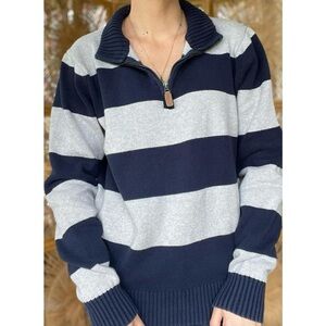Navy Blue & Grey Striped Quarter Zip Mockneck Cotton Knit Sweater St. John’s Bay